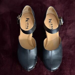 Kork-Ease Women's Black Leather Ankle-Strap Heels